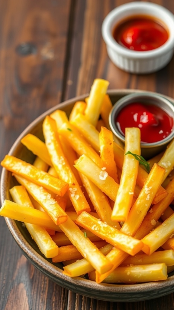 Crispy Air Fryer French Fries Recipe Crispy air fryer French fries in a bowl with ketchup on a wooden table.
